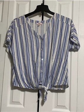 Como vintage linen blend blue & off white swim cropped top shirt blouse size XXL